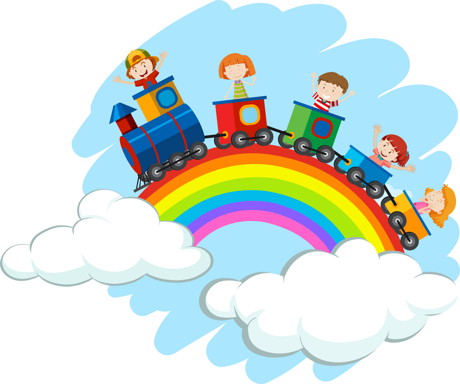 Children riding train over the rainbow